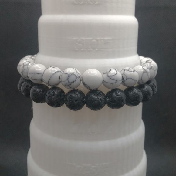 White Howlite Gemstone Bracelet Set of 2 Black Lava Stone Handmade Beaded NEW - Picture 6 of 11